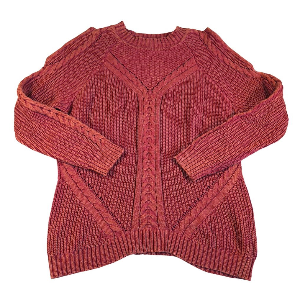 Umgee Chunky Sweater Red Cable Knit Pullover Long‎ Sleeve Cozy Boho Casual Top